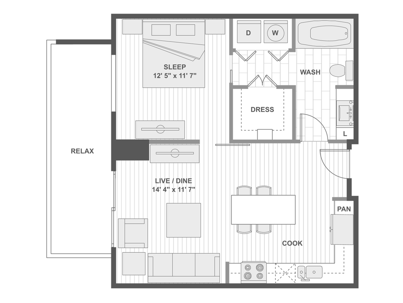 Modern floor plan featuring 1 bedroom, expansive open-concept living and dining area, well-equipped kitchen, and a relaxing balcony space.