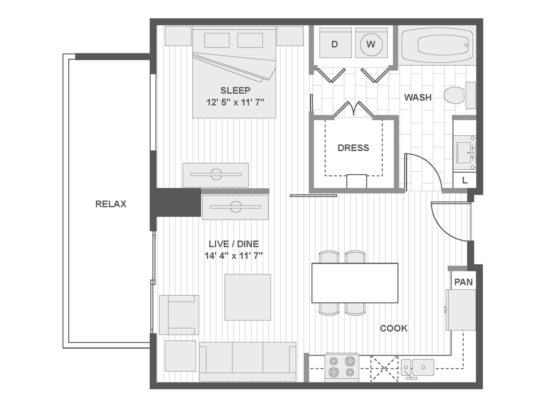 Modern 1-bedroom apartment floor plan featuring a spacious living and dining area, open kitchen, and private relaxation balcony.