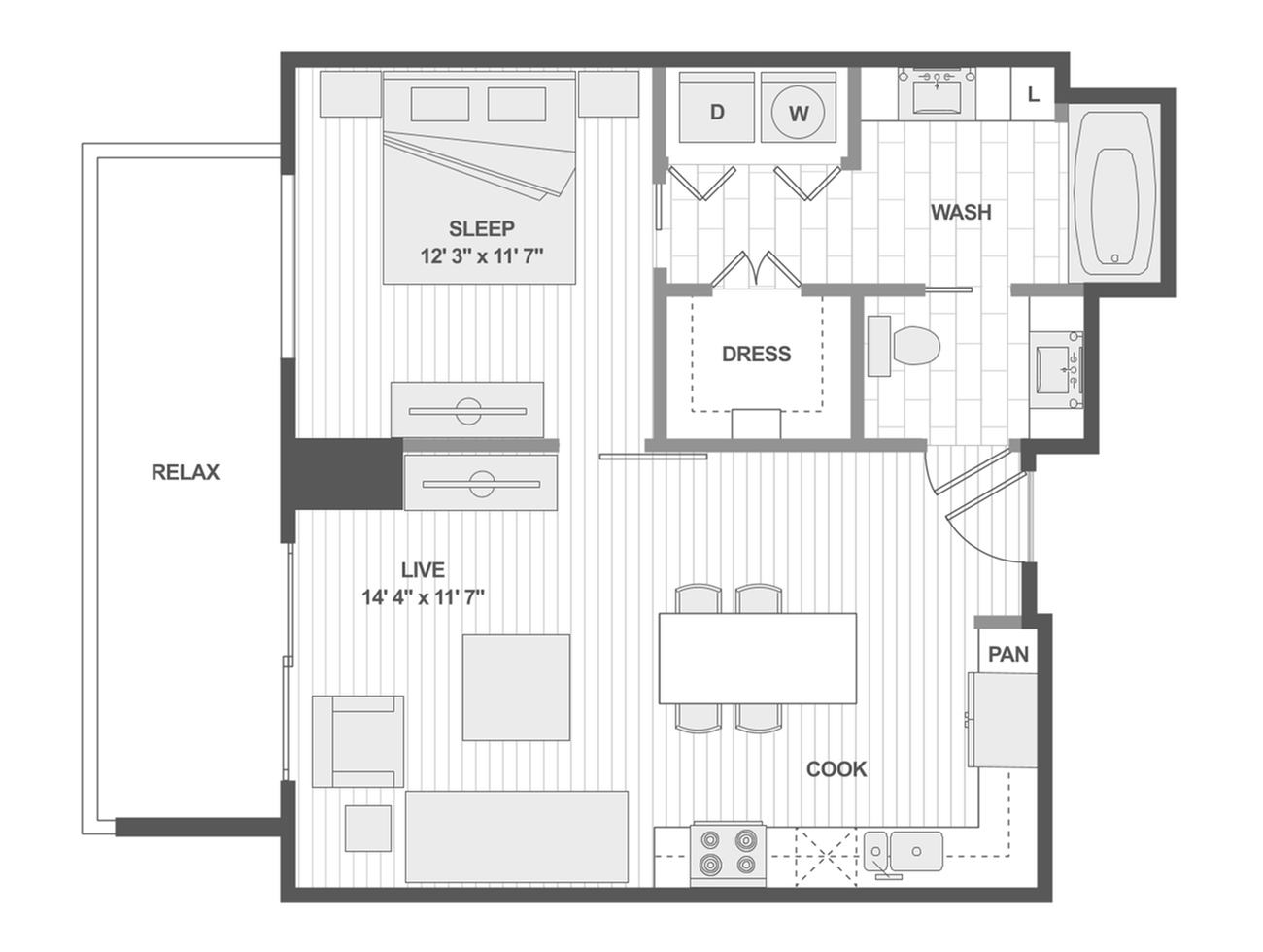 Contemporary floor plan featuring a spacious bedroom, open-concept living and dining area, modern kitchen, and relaxing balcony.