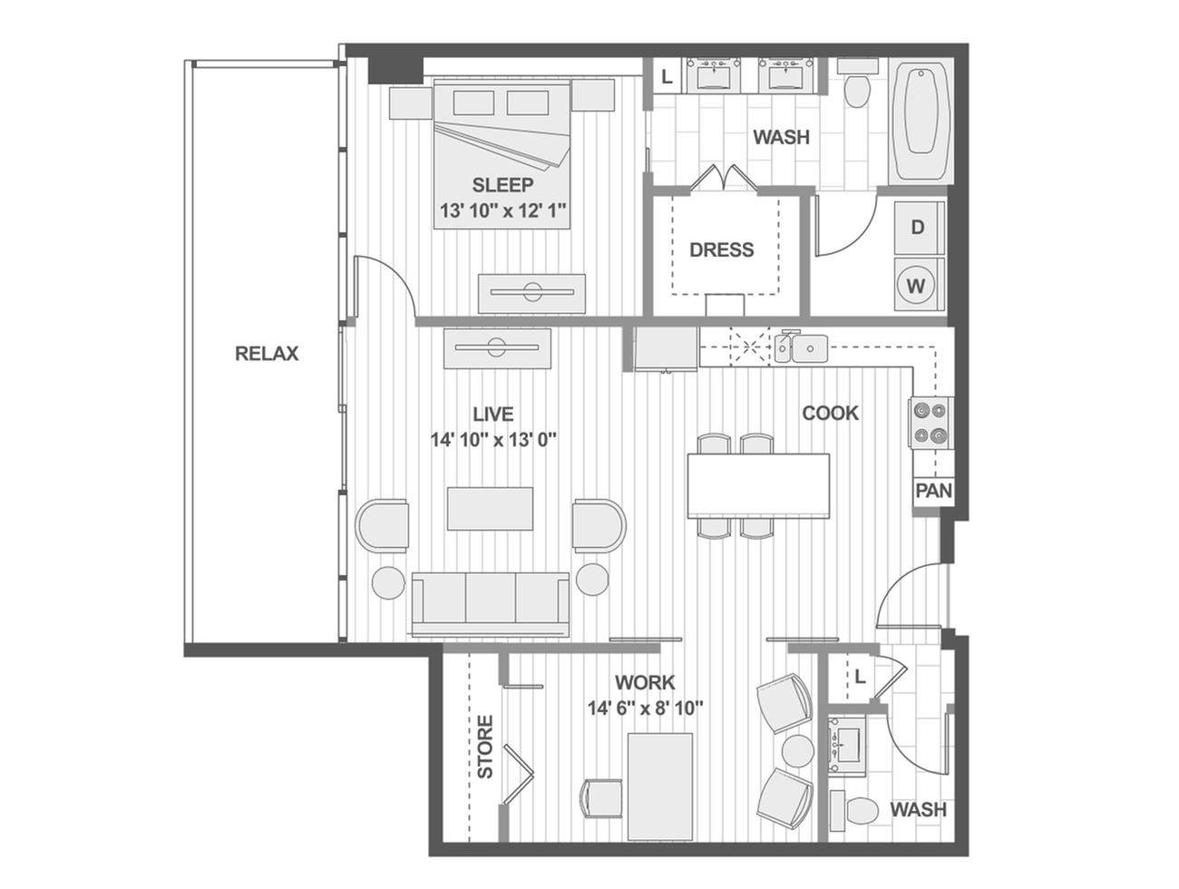 Chic open-concept floor plan featuring a spacious bedroom, modern kitchen, inviting living area, and private relaxation balcony.