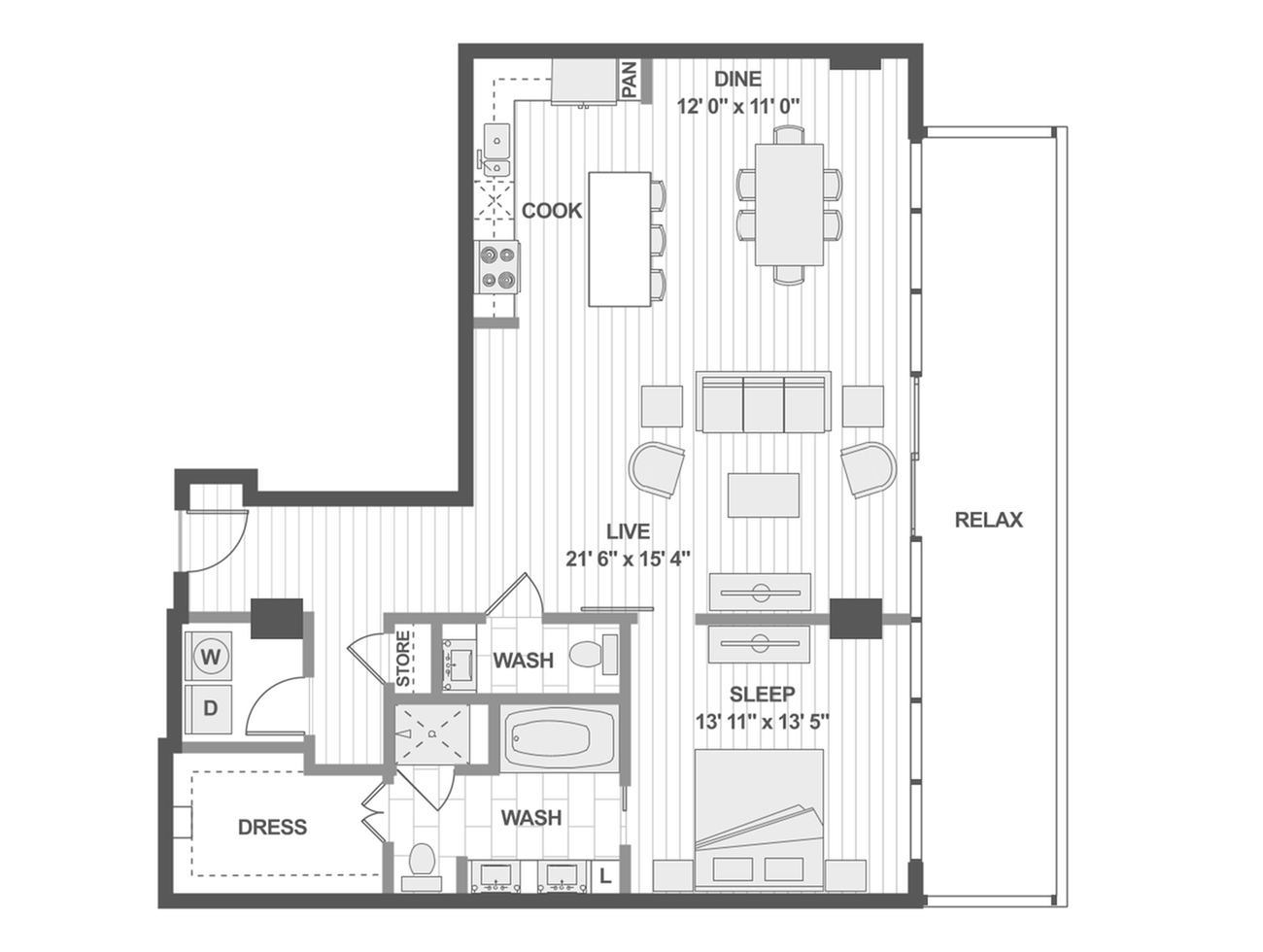 Modern floor plan showcasing a spacious 1-bedroom apartment with a large living area, open kitchen, and relaxing balcony.