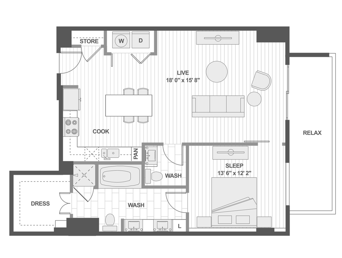 Modern floor plan showcasing a spacious 1-bedroom layout with an open-plan living space, stylish kitchen, and relaxing balcony area.