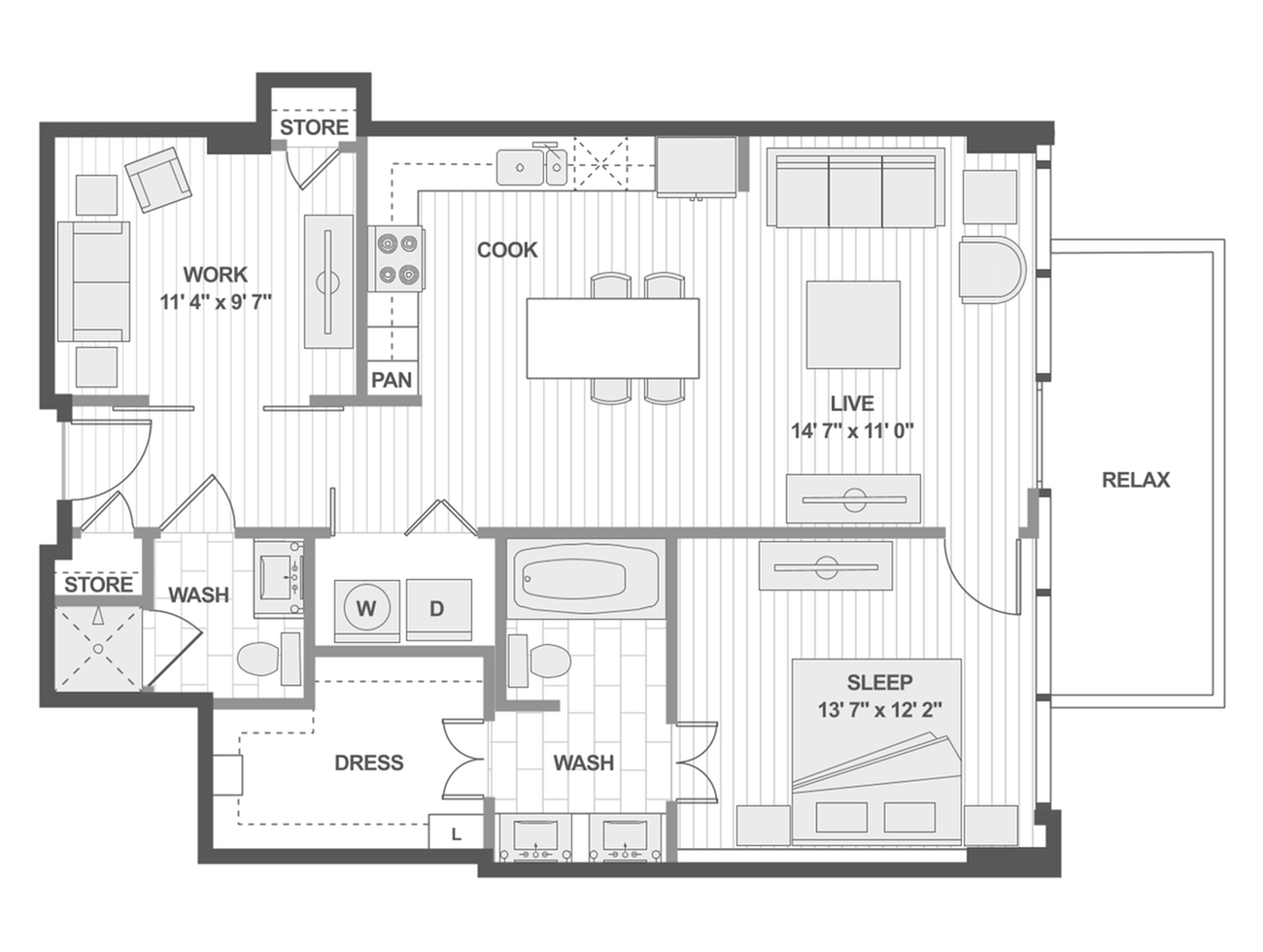 Chic floor plan showcasing an open-concept living area with dedicated work space, modern kitchen, and a luxurious bedroom with ensuite.