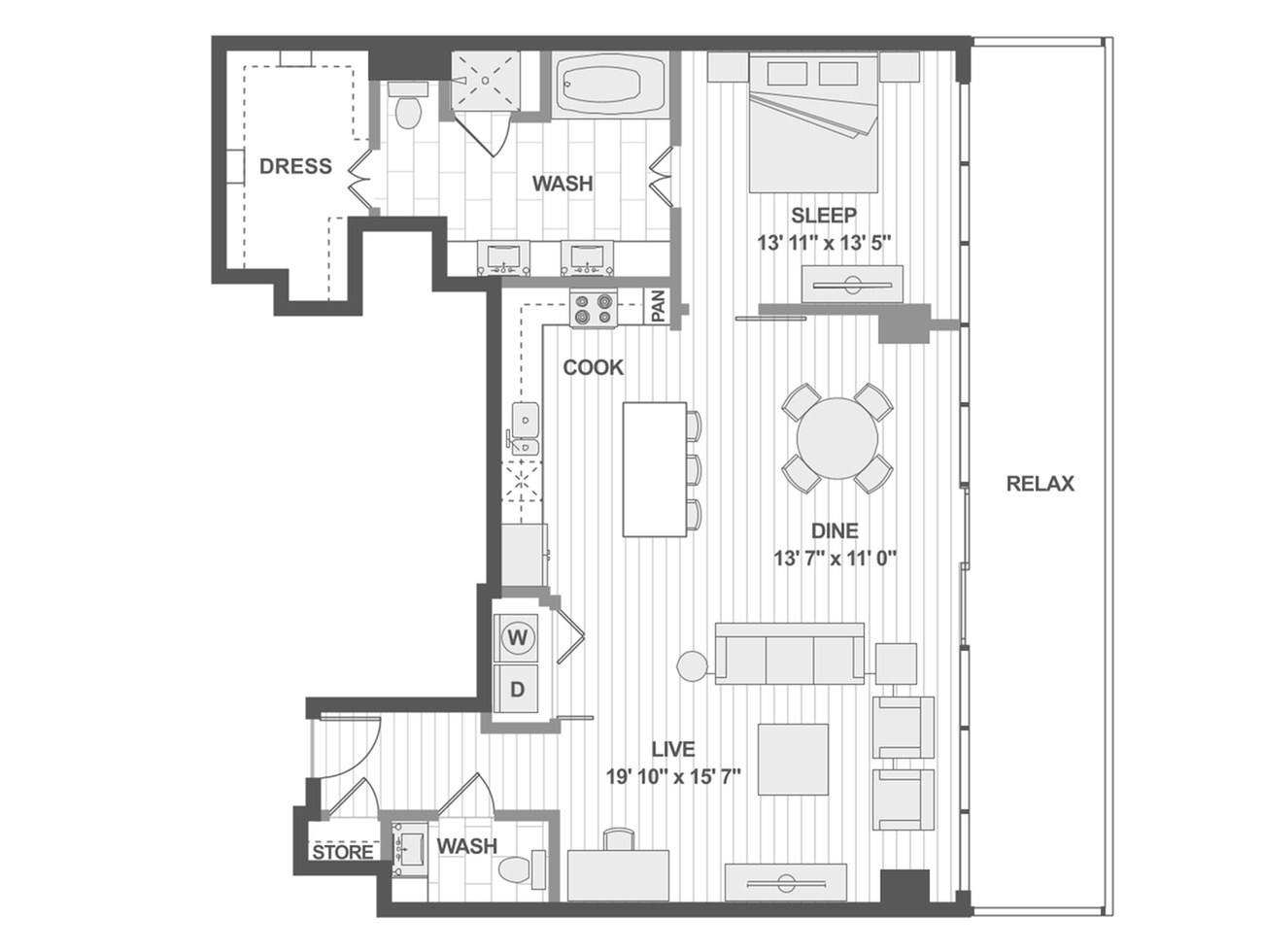 Modern floor plan featuring a spacious one-bedroom layout with a cozy living area, stylish kitchen, and relaxing balcony space.