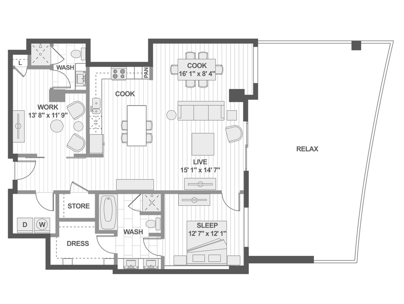 Modern floor plan showcasing a versatile 1-bedroom layout with a spacious living area, dedicated work space, stylish kitchen, and an expansive outdoor relax zone.