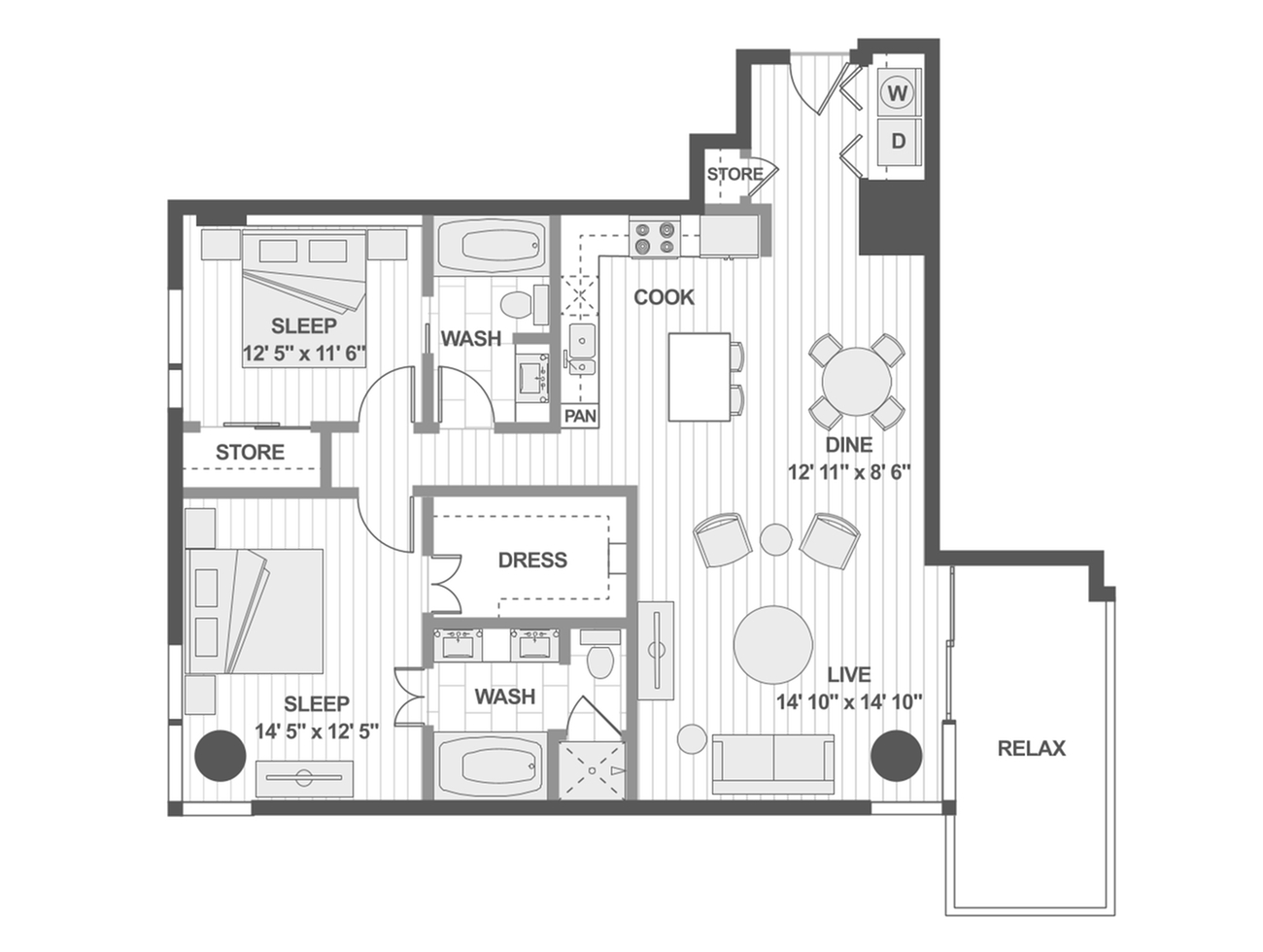 Chic floor plan with 2 bedrooms, open living-dining area, modern kitchen, and spacious balcony for relaxation.