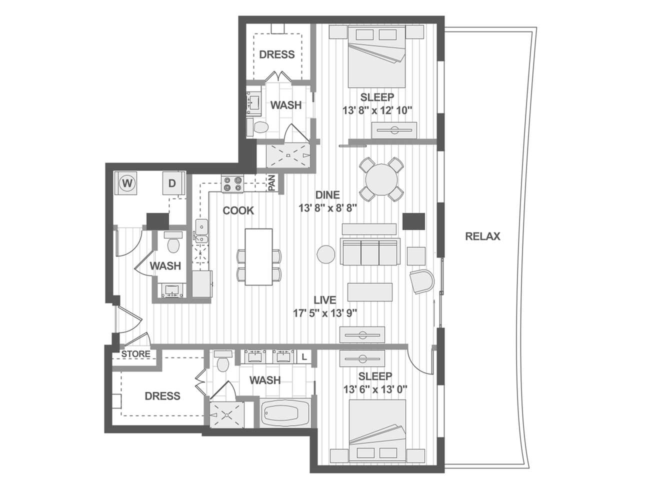 Contemporary floor plan showcasing 2 elegant bedrooms, modern kitchen, inviting living room, and spacious outdoor area labeled \'Relax\'.