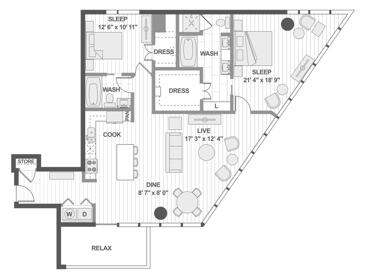 Chic and modern floor plan with two spacious bedrooms, open living space, sleek kitchen, and cozy dining area.
