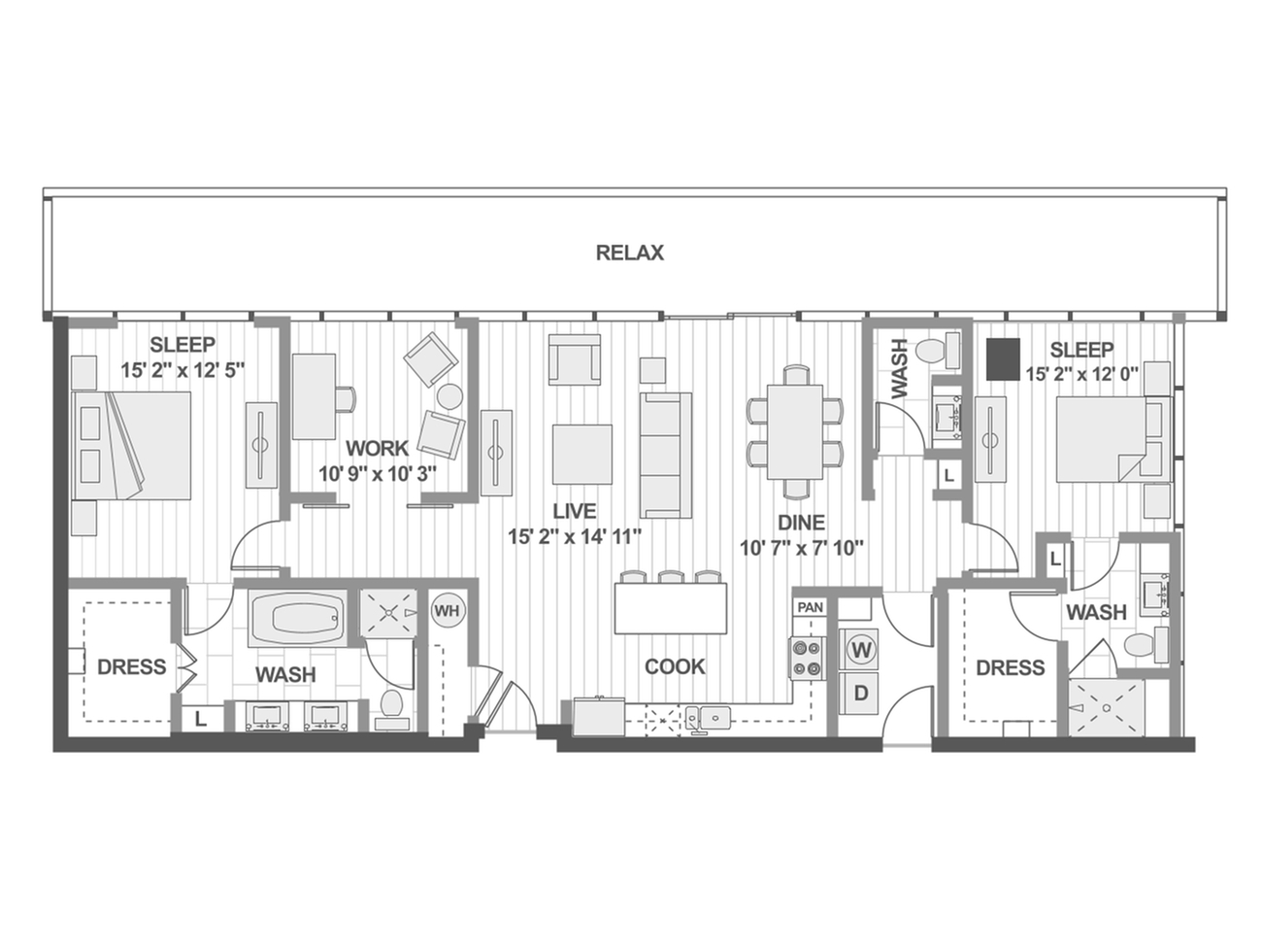 Modern floor plan showcasing 2 generous bedrooms, dedicated work area, open-concept living and dining spaces, and well-appointed kitchen, perfect for contemporary living.