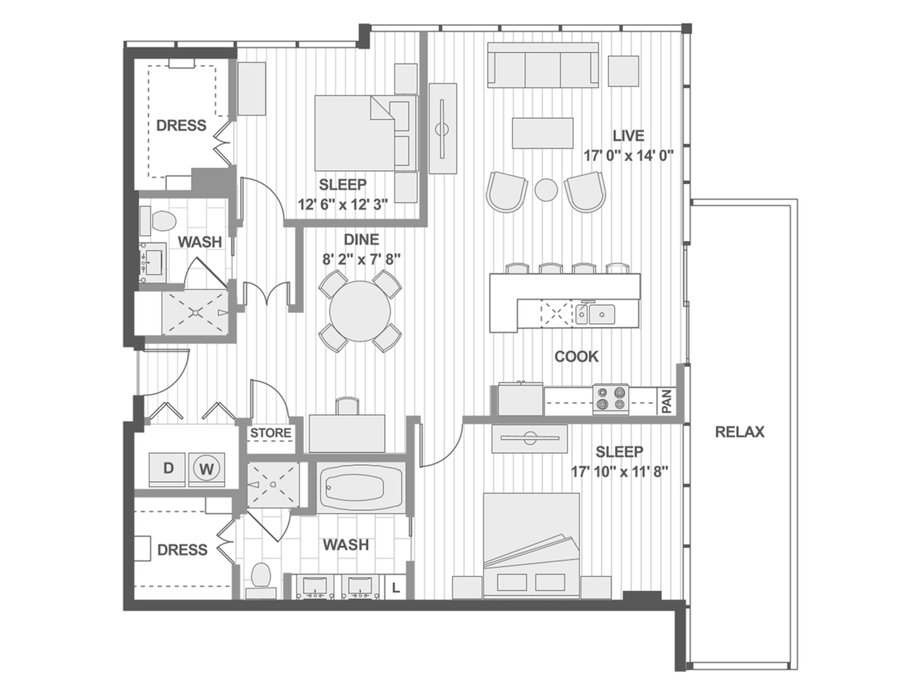 Modern 2D floor plan with 2 spacious bedrooms, open living area, stylish kitchen, and relaxing outdoor space.