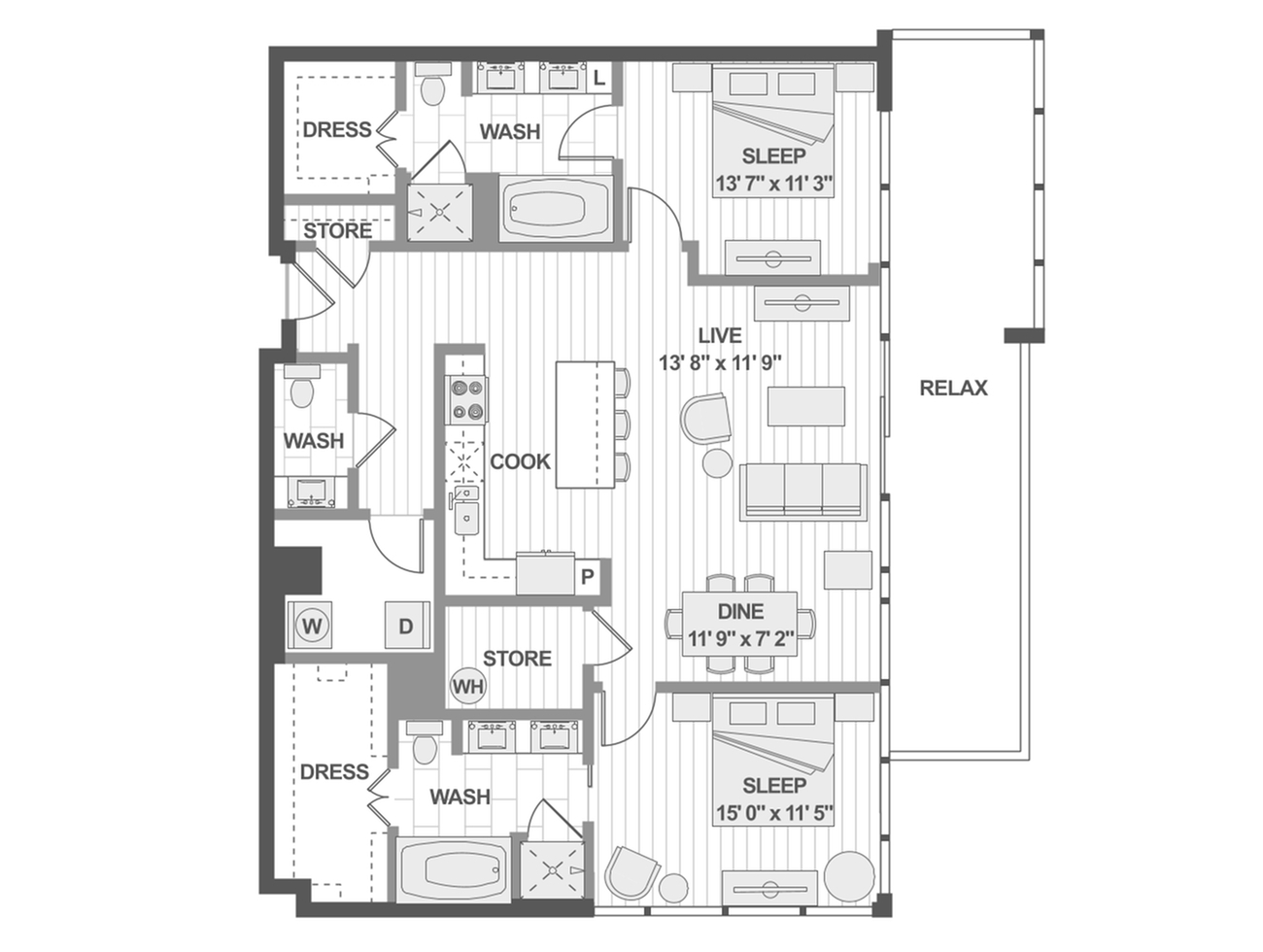 Elegant floor plan featuring 2 spacious bedrooms, open-concept living and dining area, modern kitchen, and a relaxing balcony space.