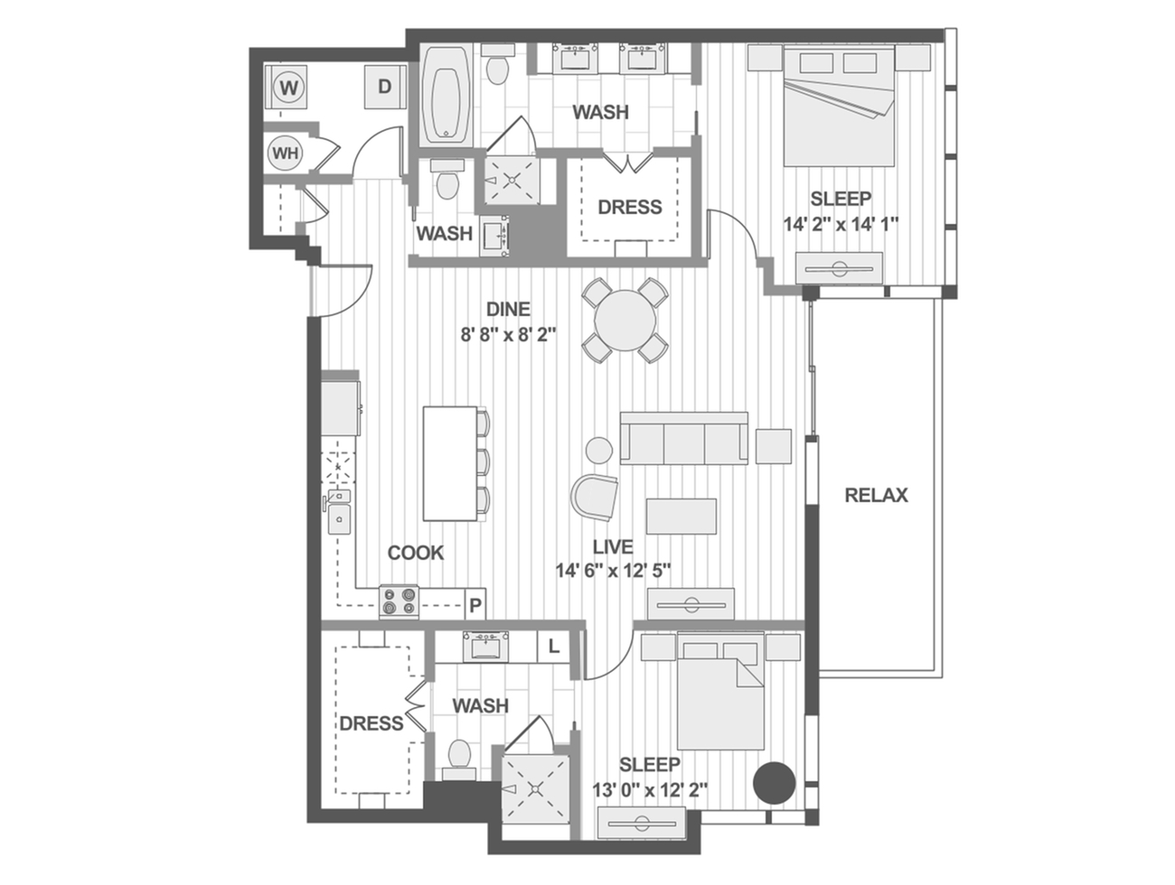 Elegant floor plan showcasing a modern apartment with 2 spacious bedrooms, open-concept kitchen and dining area, inviting living room, and a relaxing outdoor space.
