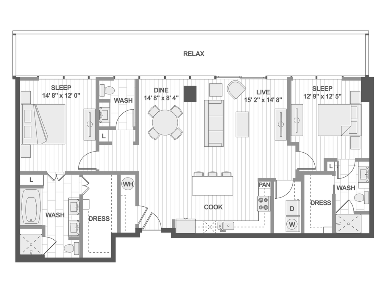 Modern 2D floor plan of a luxurious apartment featuring 3 spacious bedrooms, open-concept living and dining areas, stylish kitchen with island, and expansive balcony labeled \'relax\'.