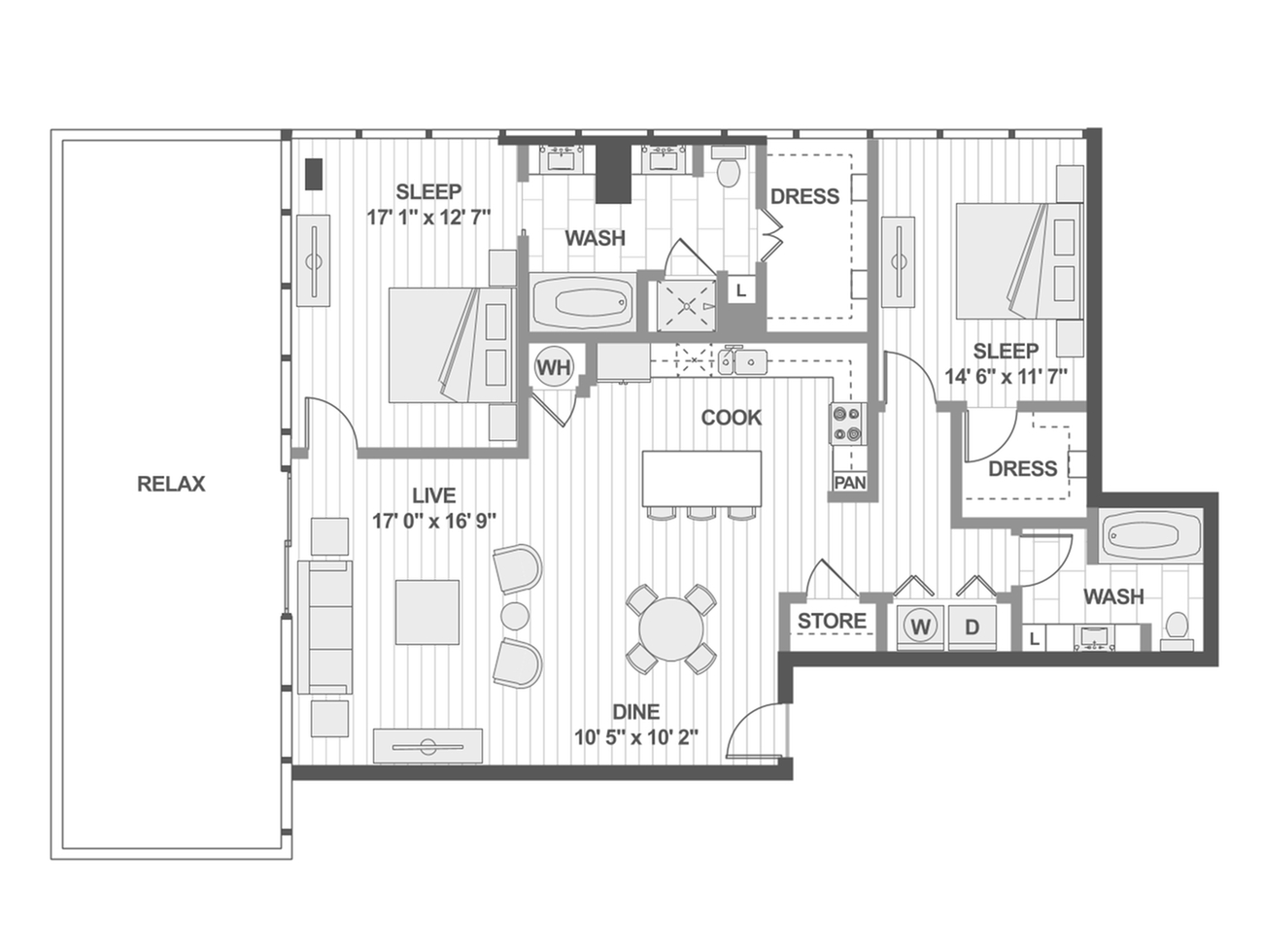 Modern floor plan featuring 2 bedrooms, a large living area, spacious kitchen with island, dining area, and two bathrooms, complemented by a broad relaxation space.