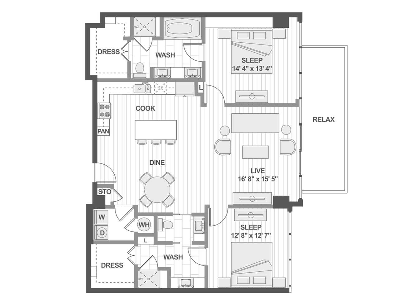 Modern 2D floor plan showcasing 2 bedrooms, an open-concept living and dining area, elegant kitchen, and private relaxation space.
