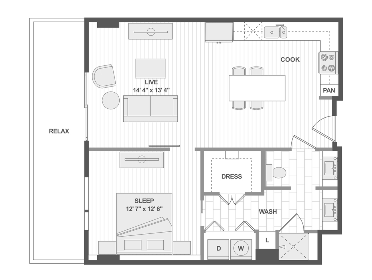 Modern 1-bedroom apartment floor plan showcasing spacious living area, stylish kitchen, relaxing outdoor space, and convenient laundry room.