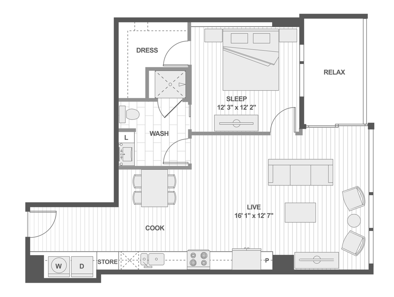 Contemporary 1-bedroom apartment floor plan featuring spacious living area, modern kitchen, and inviting relaxation space.