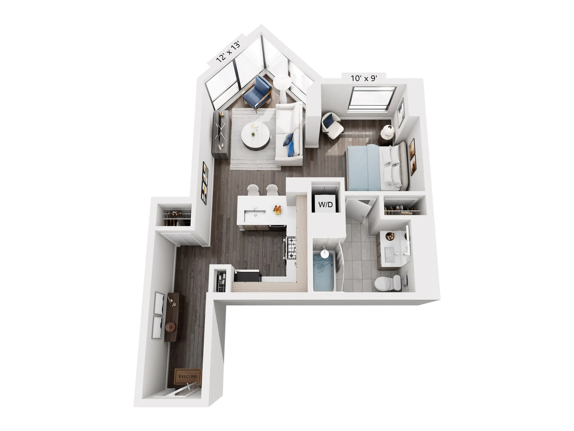 Modern L-shaped floor plan with an inviting open-concept living area, cozy bedroom, sleek kitchen with island seating, and a stylish bathroom. Abundant natural light enhances the elegant space.