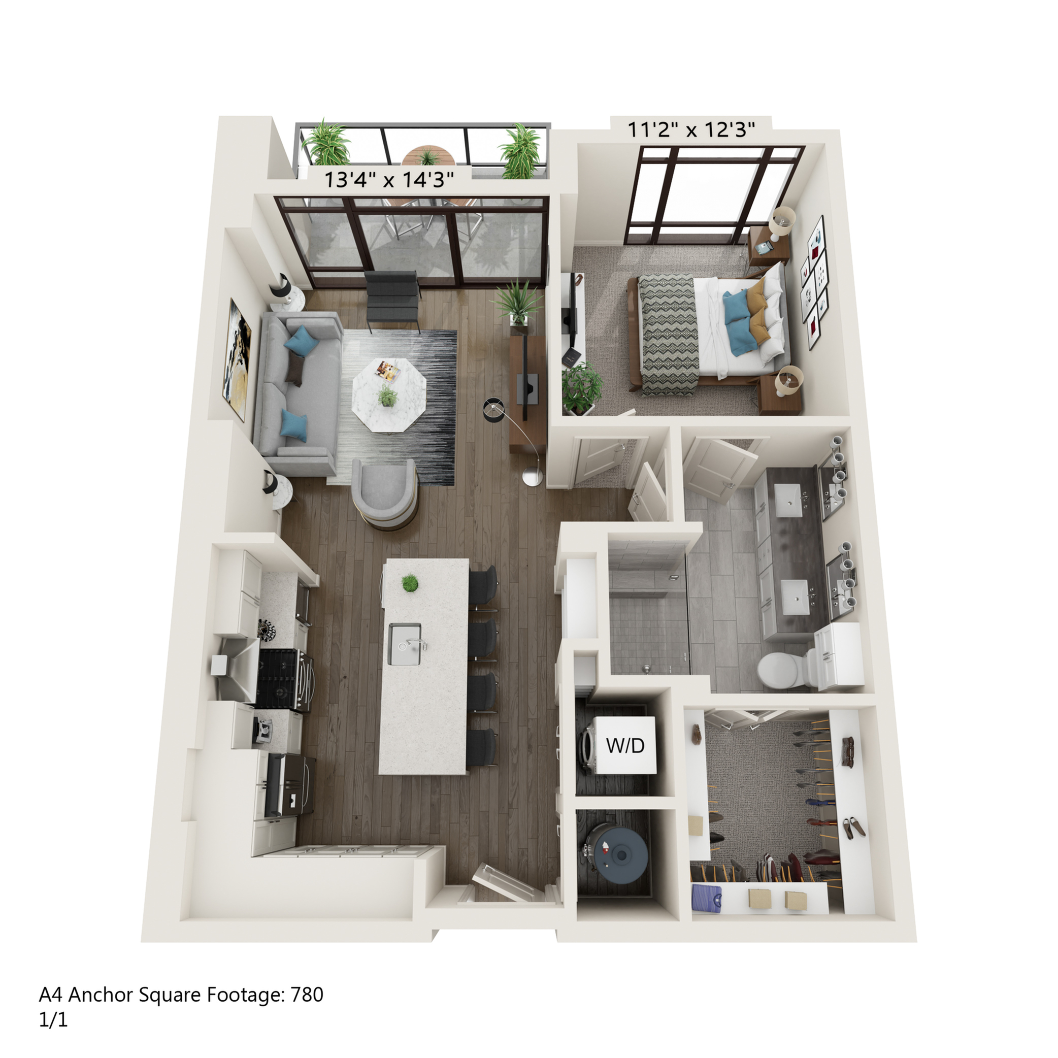 Chic 3D floor plan of a modern one-bedroom apartment featuring an open-concept living area, elegant kitchen with island, spacious bedroom, and a private balcony. High-end finishes and abundant natural light enhance the stylish design in 780 square feet.