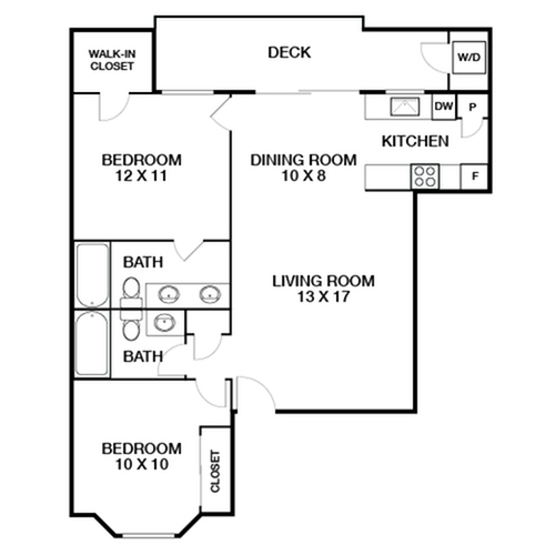 Spacious floor plan with 2 bedrooms, 2 baths, inviting living room, efficient kitchen, and a relaxing deck area.