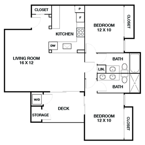 Modern floor plan featuring 2 bedrooms, 2 bathrooms, and an open living room leading to a private deck. Includes ample closet space and a contemporary kitchen layout.