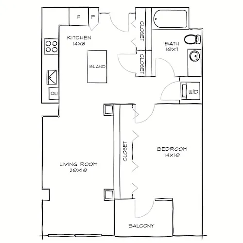 Modern floor plan with 1 bedroom, spacious living room, and a sleek kitchen with an island, featuring a private balcony.