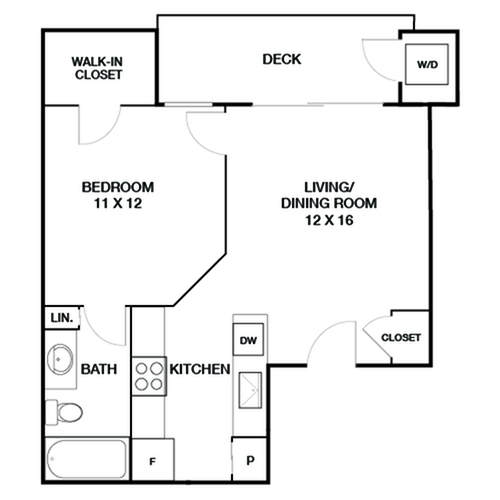 Elegant floor plan featuring a spacious 1-bedroom with walk-in closet, combined living and dining area, modern kitchen, and a private deck.