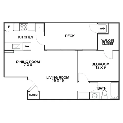 Modern floor plan featuring a cozy 1-bedroom apartment with a spacious living room, efficient kitchen, and inviting deck, complete with a walk-in closet and convenient dining area.