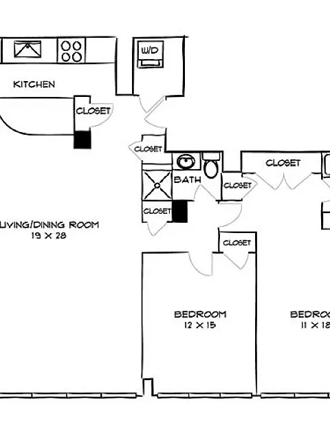 Charming 2D floor plan showcasing a spacious living/dining area, modern kitchen with built-in appliances, two cozy bedrooms, and two stylish bathrooms.
