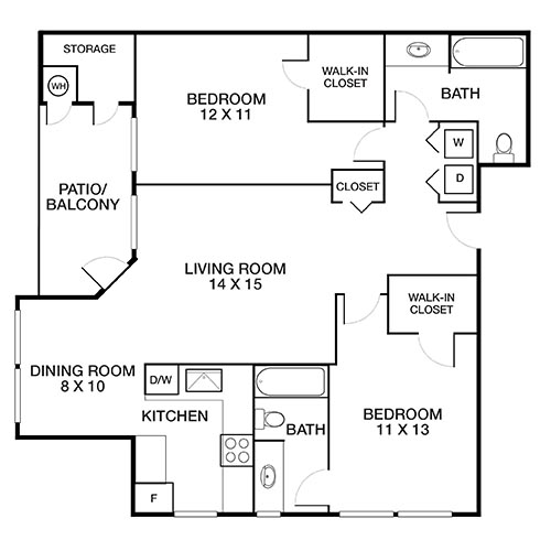 Inviting floor plan showcasing 2 bedrooms with walk-in closets, a welcoming living room, stylish kitchen, dining area, and convenient patio access.