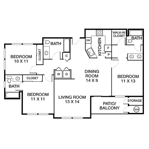 Modern floor plan showcasing 3 bedrooms, open dining and living areas, large kitchen, and a patio with storage space.