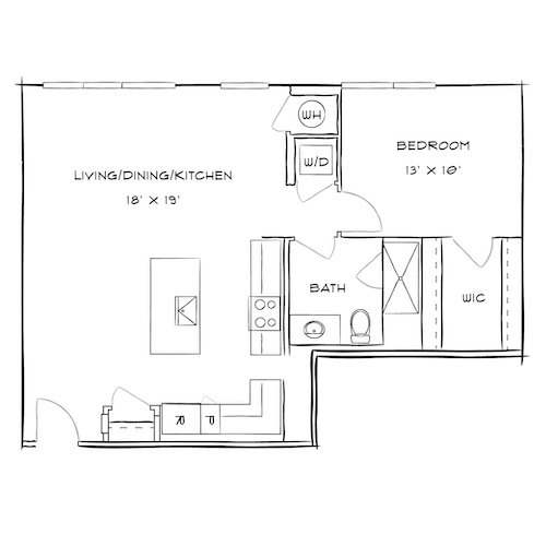 Modern open-concept floor plan featuring a spacious living/dining/kitchen area, one bedroom with walk-in closet, and a stylish bathroom.