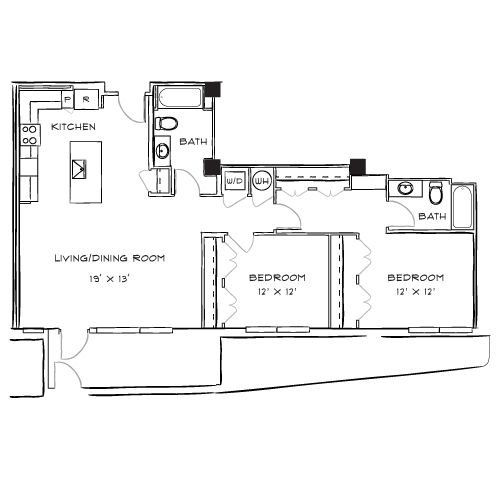 Elegant floor plan showcasing 2 bedrooms, a spacious living and dining area, a modern kitchen, and 2 bathrooms for optimal comfort.