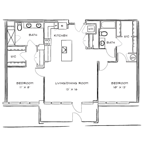 Inviting apartment floor plan featuring 2 bedrooms, 2 bathrooms, a modern kitchen, and a spacious living/dining area.