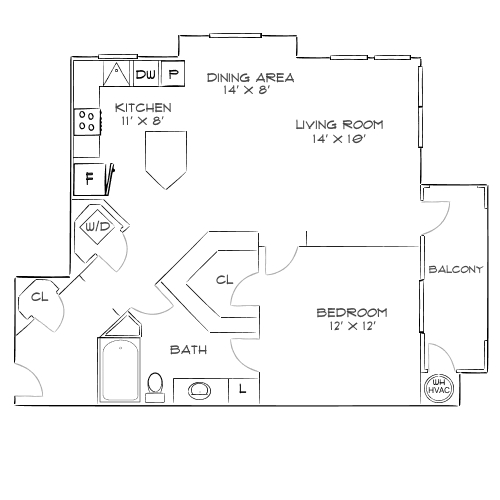 Modern floor plan with 1 bedroom, spacious living room, dining area, and kitchen, includes balcony and convenient bath layout.