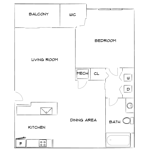Elegant floor plan featuring one bedroom, spacious living room, modern kitchen with dining area, and balcony access.