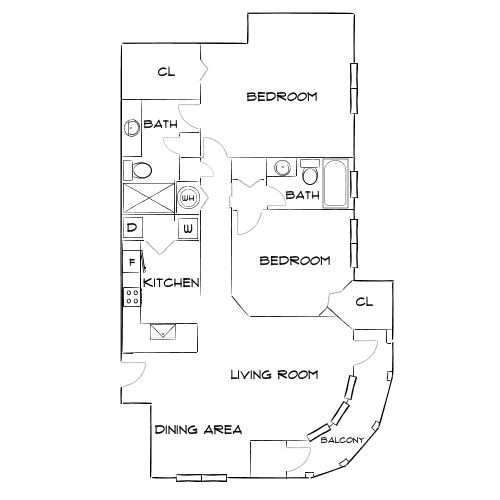 Contemporary floor plan showcasing two stylish bedrooms, two modern bathrooms, a sleek kitchen, and an elegant living-dining area with a balcony.