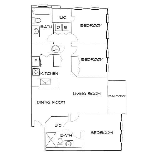 Modern floor plan showcasing 3 bedrooms, open living and dining areas, gourmet kitchen, and private balcony.