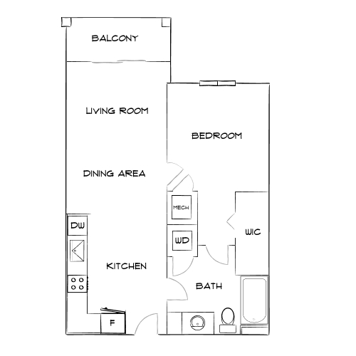 Contemporary floor plan featuring one bedroom, a sleek kitchen, open living and dining area, and spacious balcony.