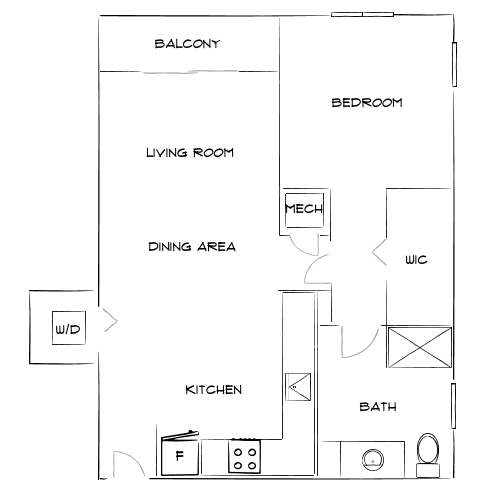 Modern apartment floor plan showcasing a spacious living room, dining area, and kitchen, one bedroom, balcony, and bathroom with walk-in closet.