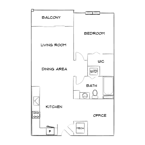Cozy apartment floor plan featuring 1 bedroom, an office space, and a welcoming balcony. Includes a modern kitchen, dining area, and living room for optimal comfort.