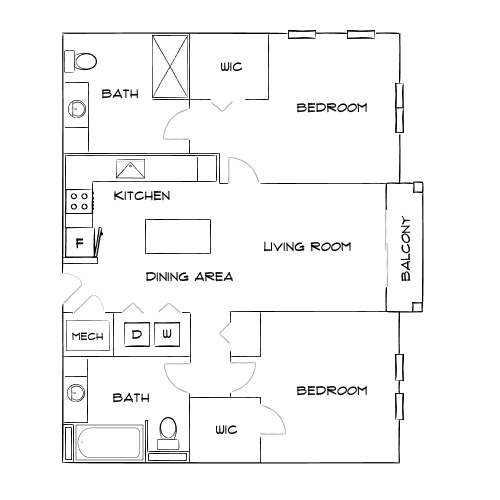 Chic floor plan displaying 2 bedrooms, open kitchen and dining area, expansive living room, and private balcony.