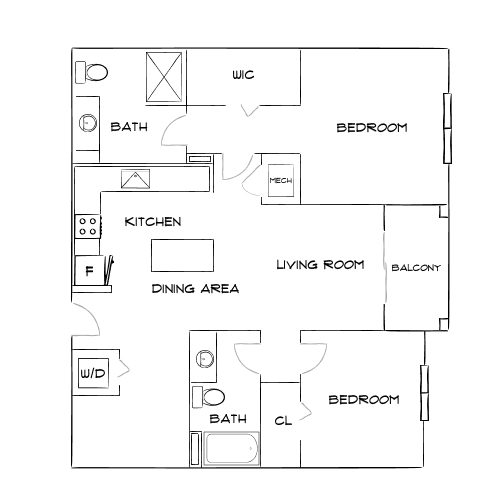 Modern floor plan featuring 2 bedrooms, 2 baths, open kitchen, and living room with balcony.