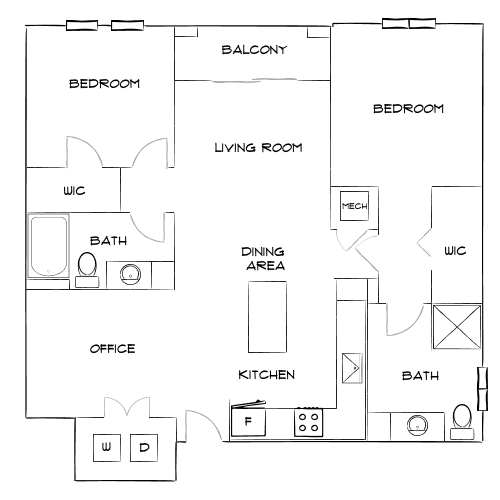 Modern 2D floor plan showcasing 2 bedrooms, an expansive living room with balcony access, a well-equipped kitchen, dining area, and a dedicated office space.