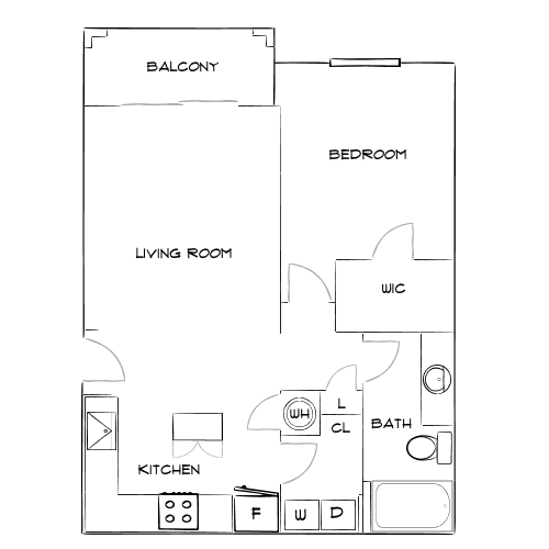 Chic 1-bedroom floor plan with open living room, modern kitchen, and private balcony.