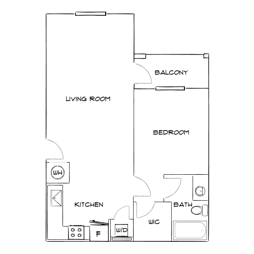 Charming 1-bedroom floor plan featuring a spacious living room, cozy kitchen, private balcony, and convenient closet space.