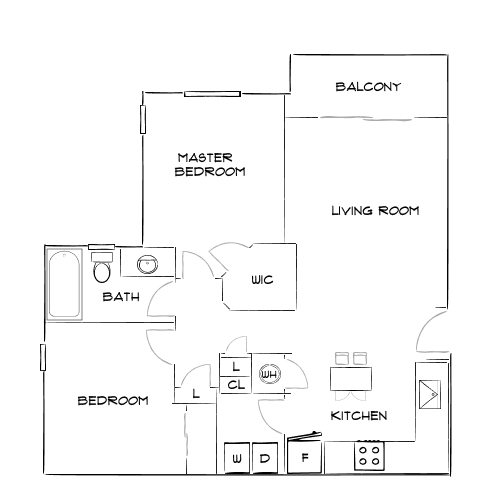 Elegant floor plan with 2 bedrooms, expansive living room, modern kitchen, and a balcony for serene views.