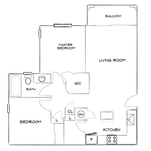 Elegant floor plan featuring master and additional bedroom, spacious living room, modern kitchen, bathroom, walk-in closet, and balcony.