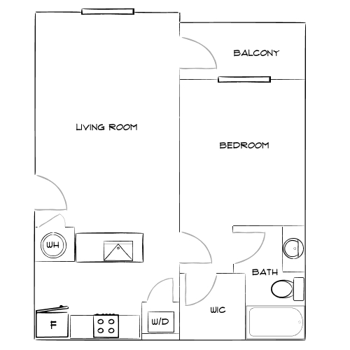 Modern 2D floor plan featuring one bedroom, a spacious living room with balcony access, and a well-equipped kitchen.