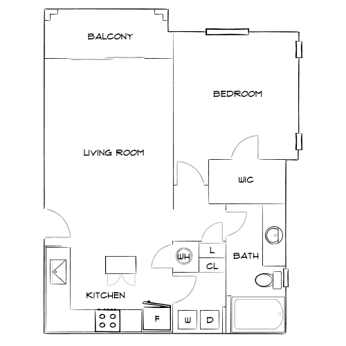 Modern floor plan showcasing one-bedroom layout with spacious living room, open kitchen, large balcony, and walk-in closet.